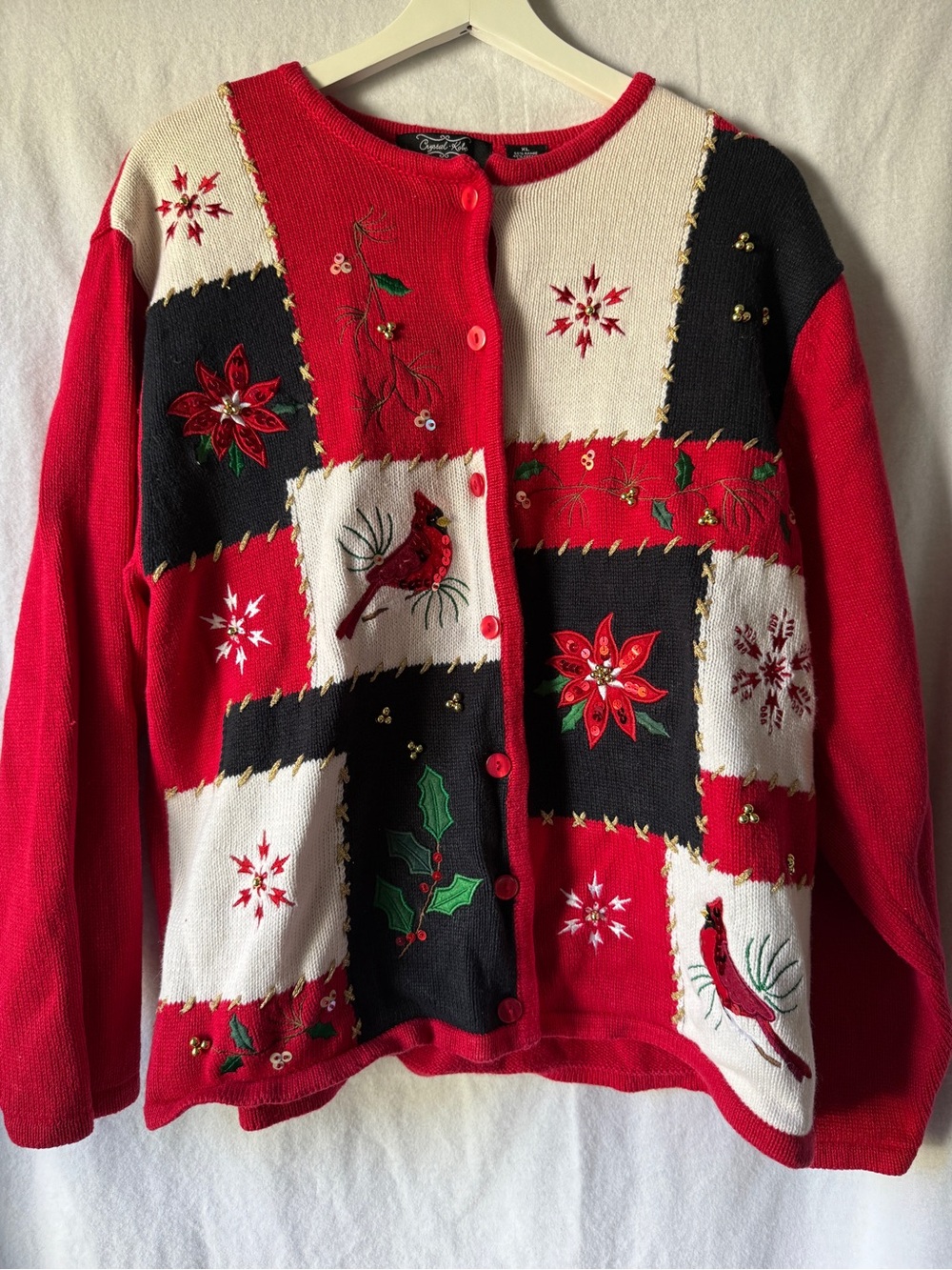 Vintage Christmas Sweater - Cardinal Birds, Poinsettia Flowers Cardigan